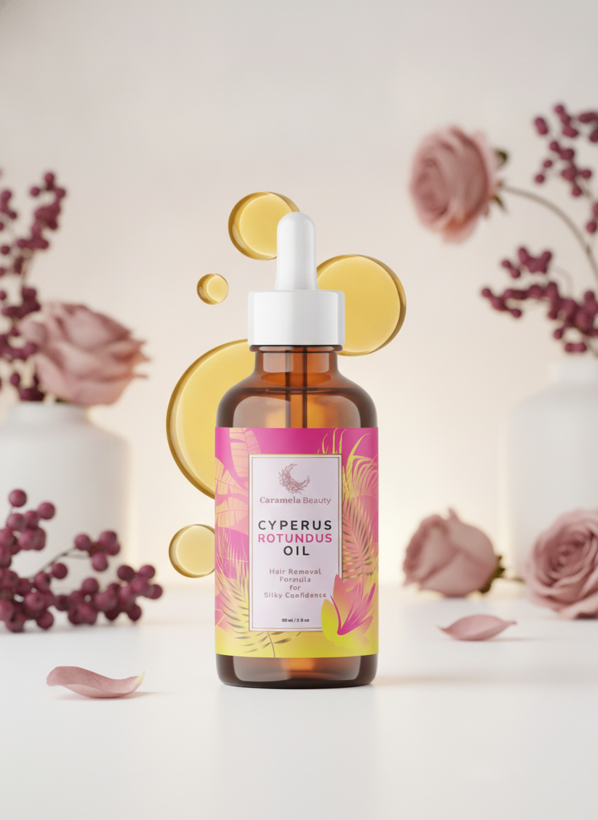 A professional hero shot of the 'Floral Scent Hair Removal Moisturizing Oil' bottle, featuring a sleek design and soft label,