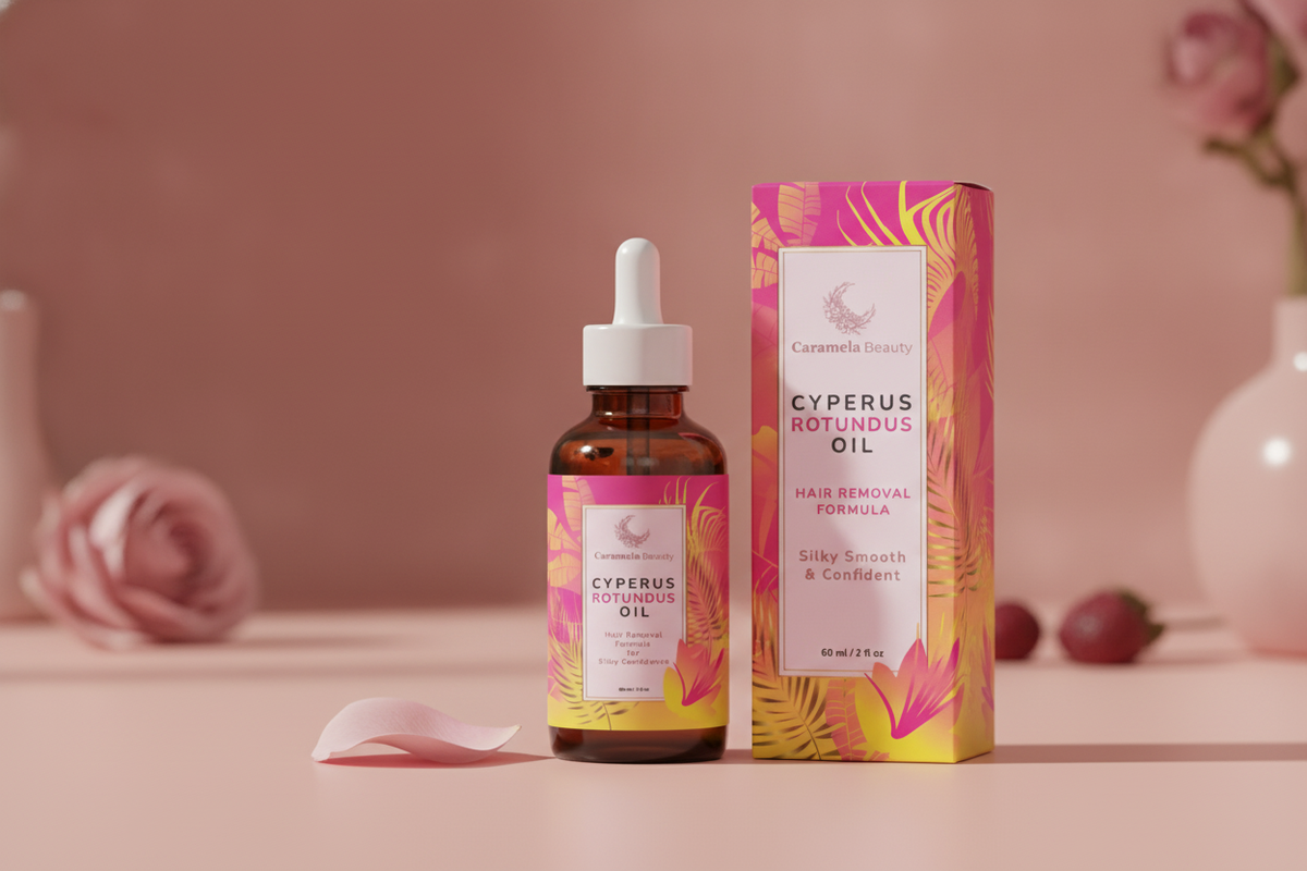 Floral Scent Hair Removal Moisturizing Oil bottle on a rose-colored vanity with a pink rose petal, soft blurred background.